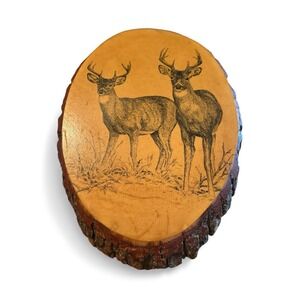 Wilderness Bucks Deer‎ Hunter Cabin  Wall Hanger On Wood Slice USA Vintage